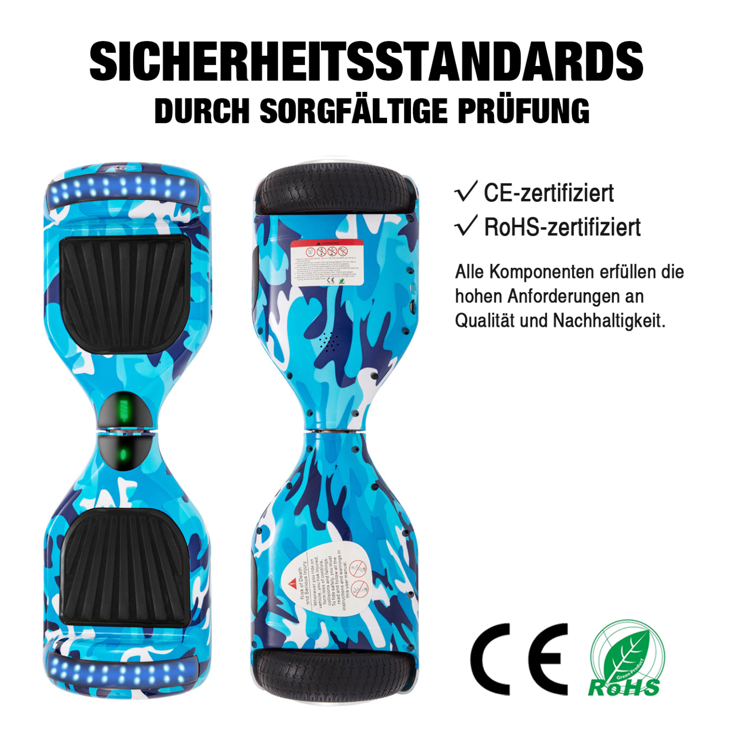 6,5" Camouflage Hoverboard blau mit Bluetooth, Musik Lautsprecher und Led Leuchten - 500W 12km/h