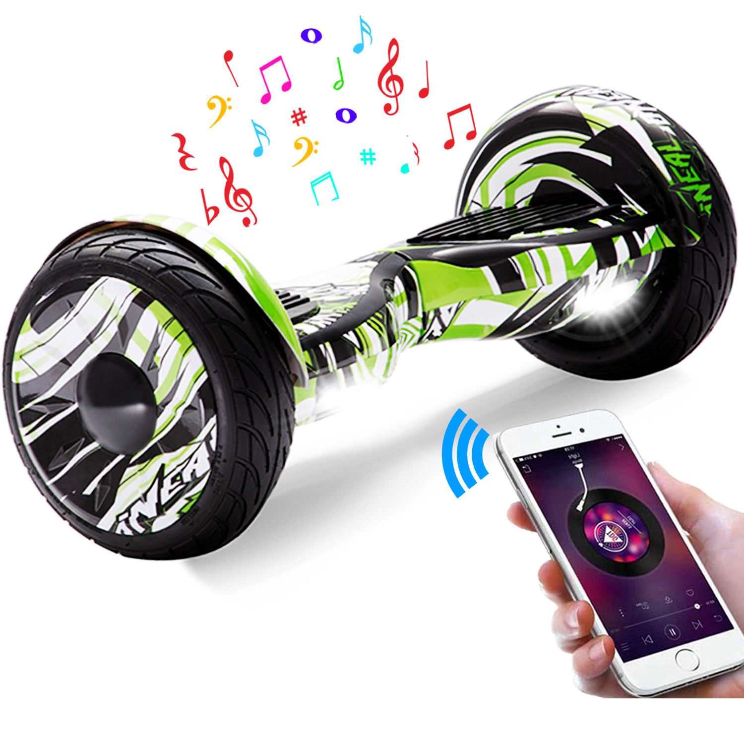 10" grüner Wirbelwind Hoverboard mit Bluetooth, Musik Lautsprecher und Led Leuchten - 700W 15km/h