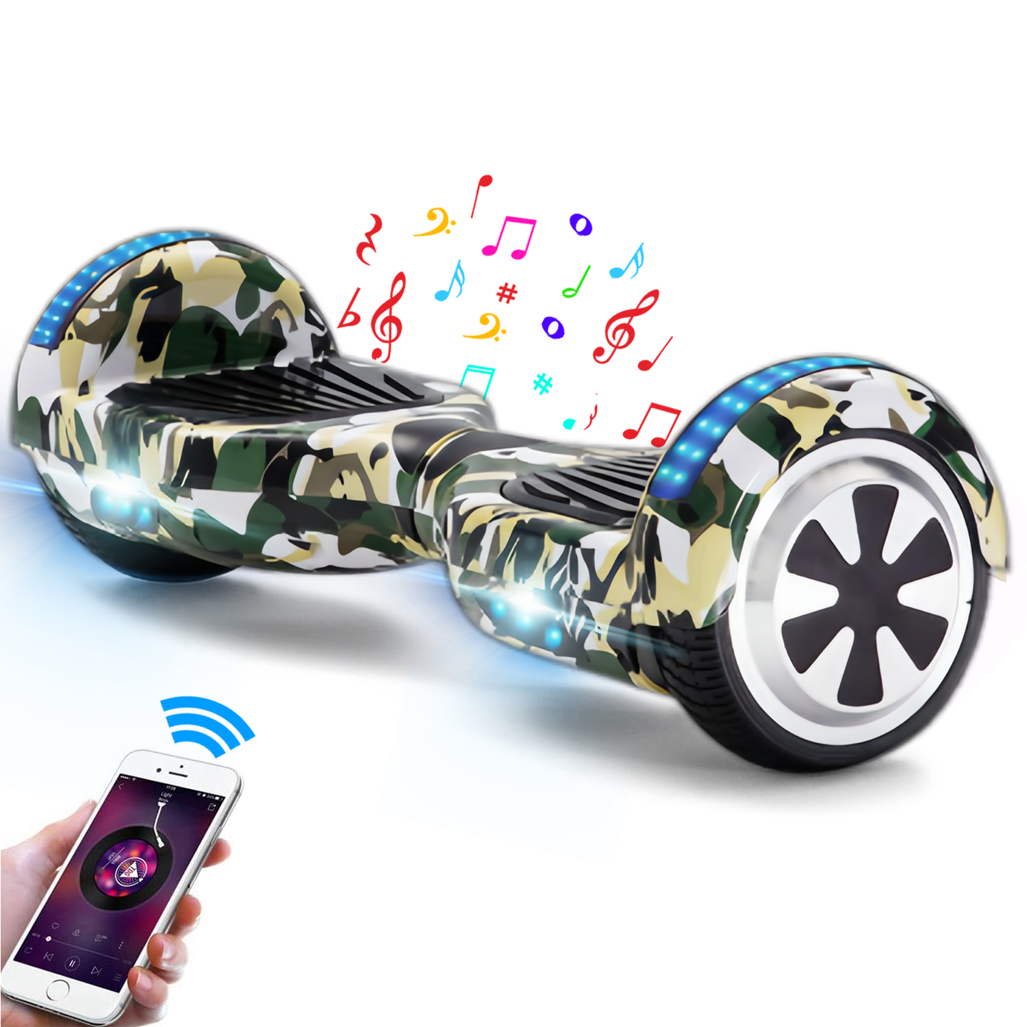 Neues 6,5" Camouflage Hoverboard grün mit Bluetooth Musik Lautsprecher und LED Licht - 500W 12km/h-Hoverboarde