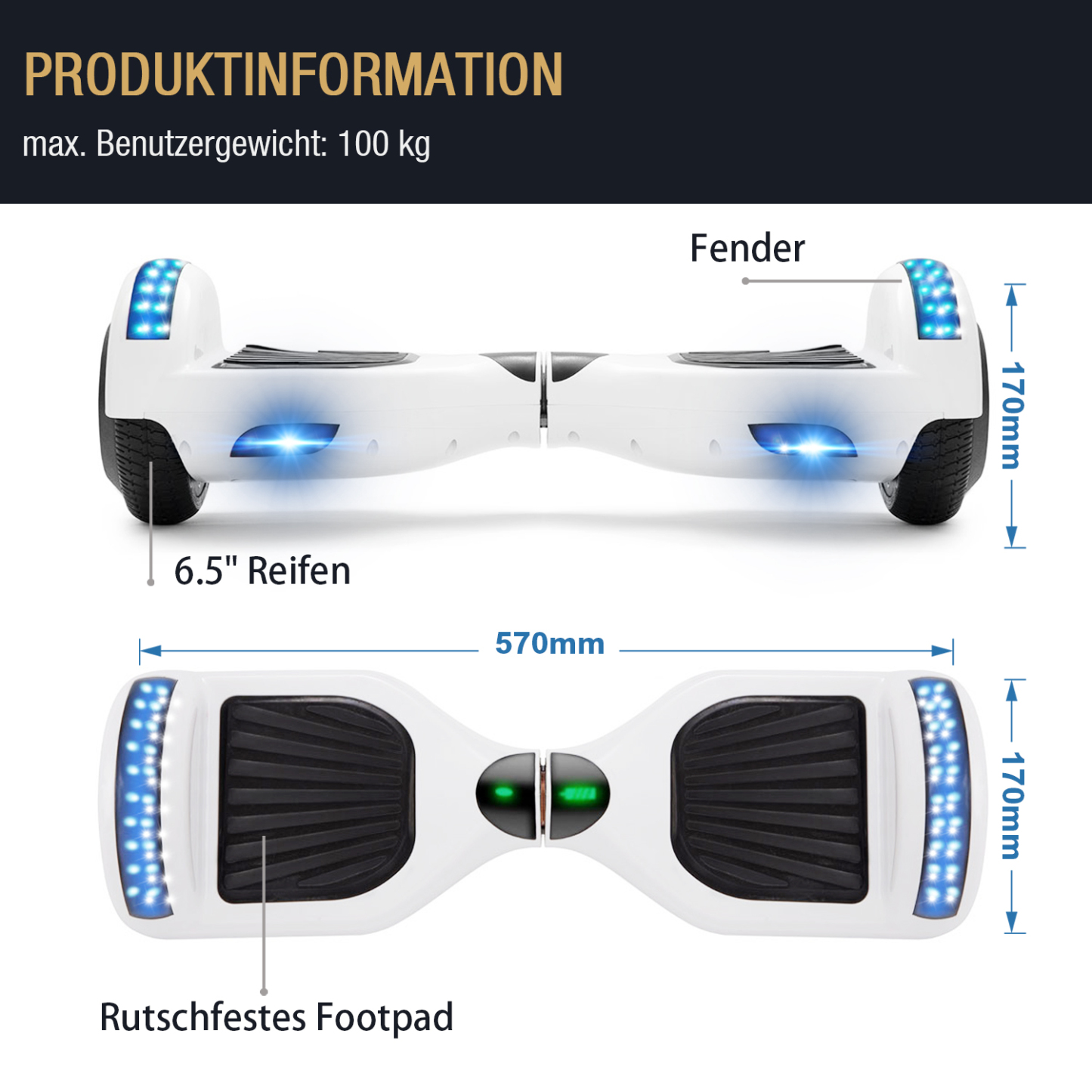 Neues 6,5" weißes Hoverboard für Kinder, mit Bluetooth Musik Lautsprecher und Disco LED Licht - 500W 12km/h-Hoverboarde