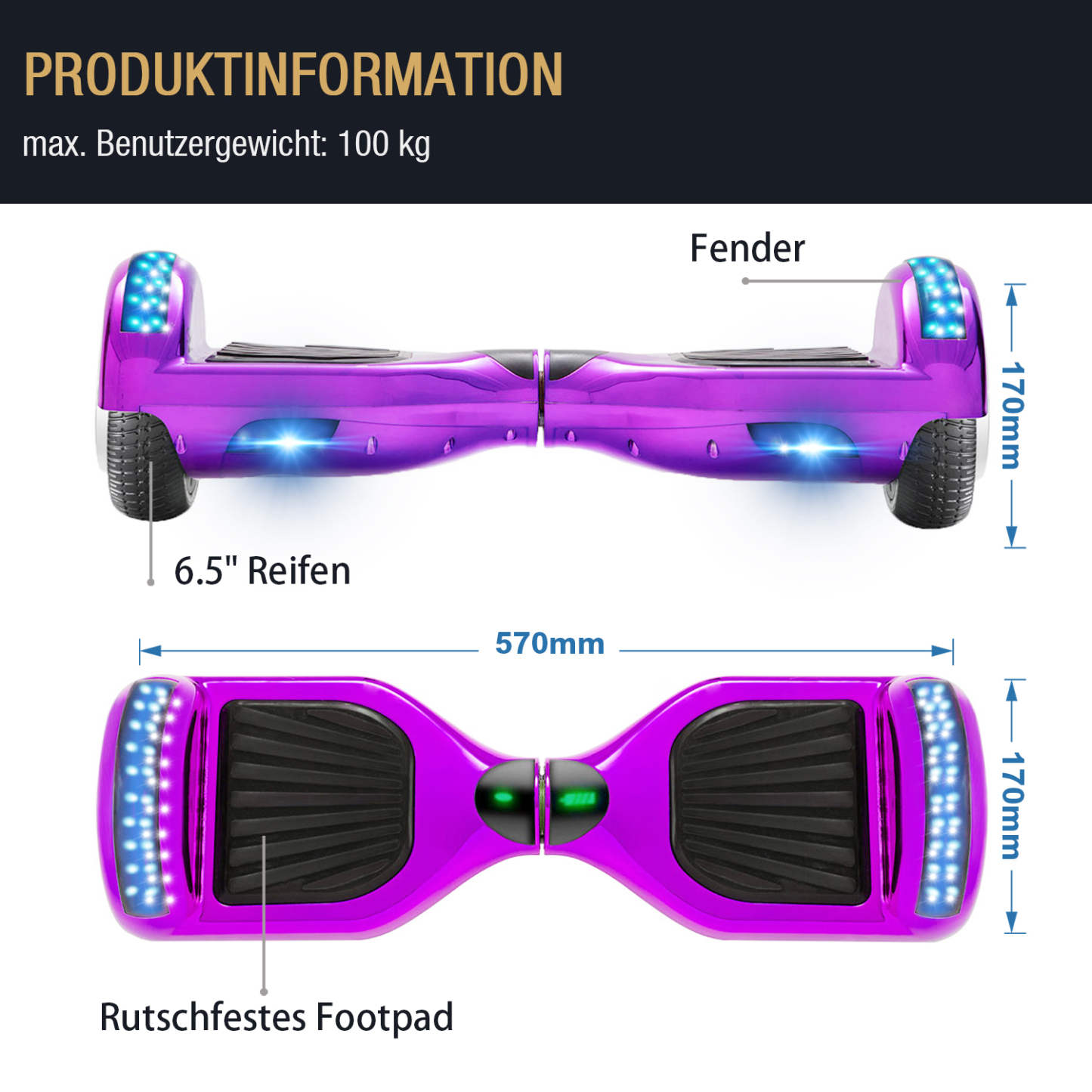 6,5 Zoll Chrom Lila Hoverboard für Kinder Bluetooth Lautsprecher Musik LED Lichter Deutschland
