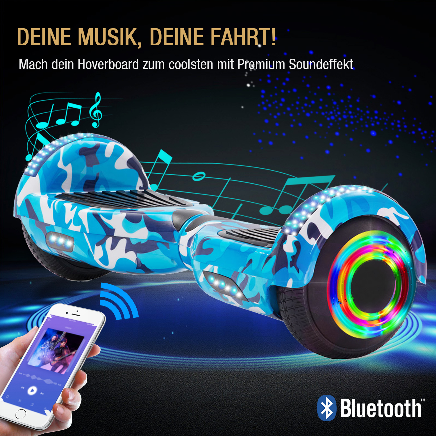 6,5 Zoll Tarnung Blau Hoverboard für Kinder Bluetooth Lautsprecher Musik LED Lichter Deutschland