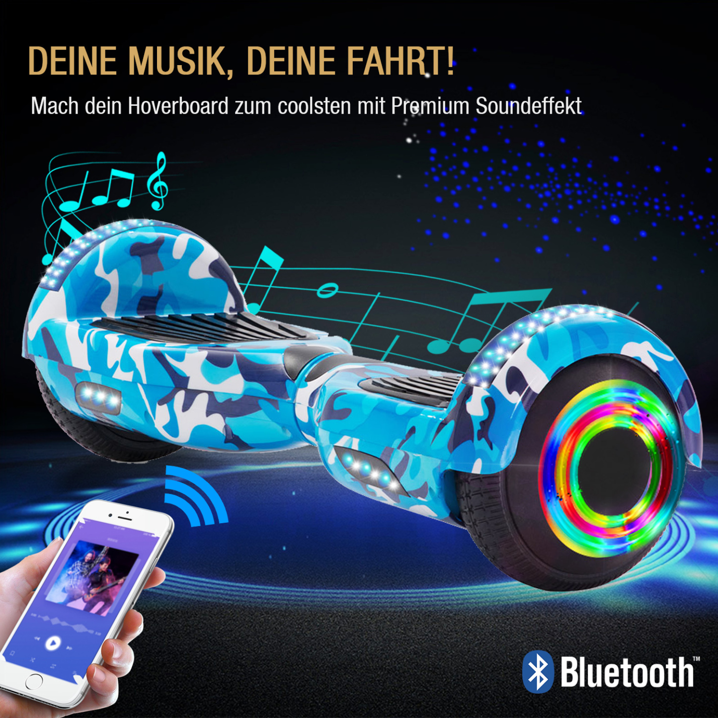 6,5 Zoll Tarnung Blau Hoverboard für Kinder Bluetooth Lautsprecher Musik LED Lichter Deutschland