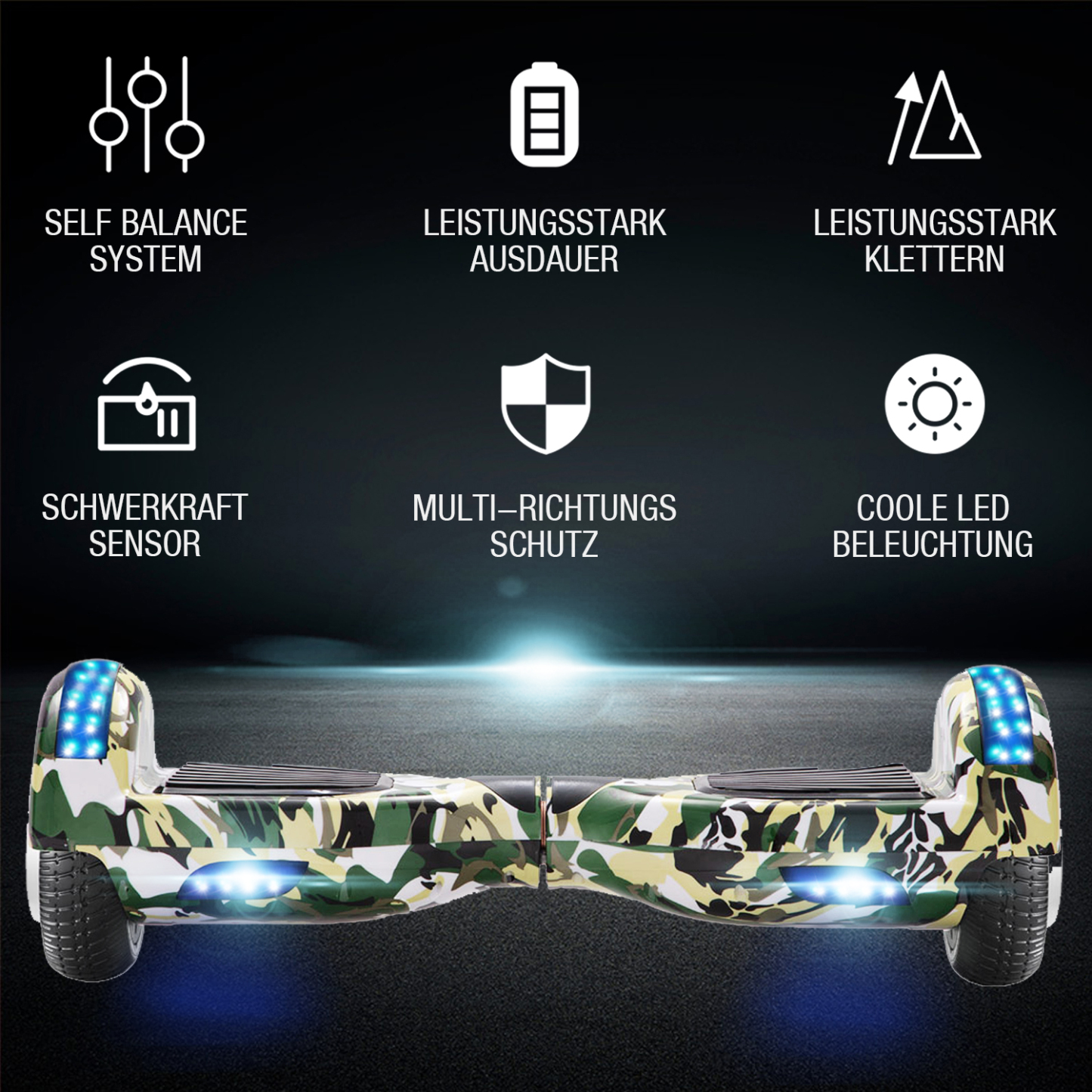 Neues 6,5" Camouflage Hoverboard grün mit Bluetooth Musik Lautsprecher und LED Licht - 500W 12km/h-Hoverboarde