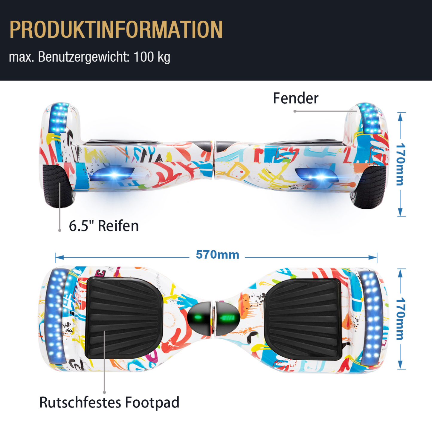 Neues 6,5" Graffiti Hoverboard weiß mit Bluetooth Musik Lautsprecher und LED Licht - 500W 12km/h-Hoverboarde