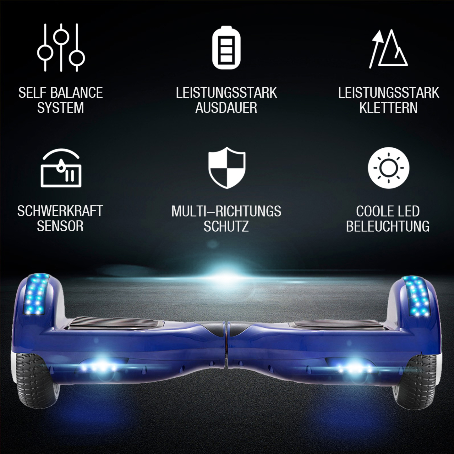 Neues 6,5" Hoverboard blau mit Bluetooth Musik Lautsprecher und LED Licht - 500W 12km/h-Hoverboarde