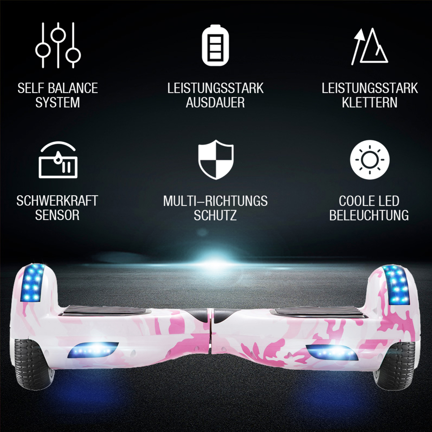 Neues 6,5" Camouflage pink Hoverboard für Kinder, mit Bluetooth Musik Lautsprecher und Disco LED Licht - 500W 12km/h-Hoverboarde