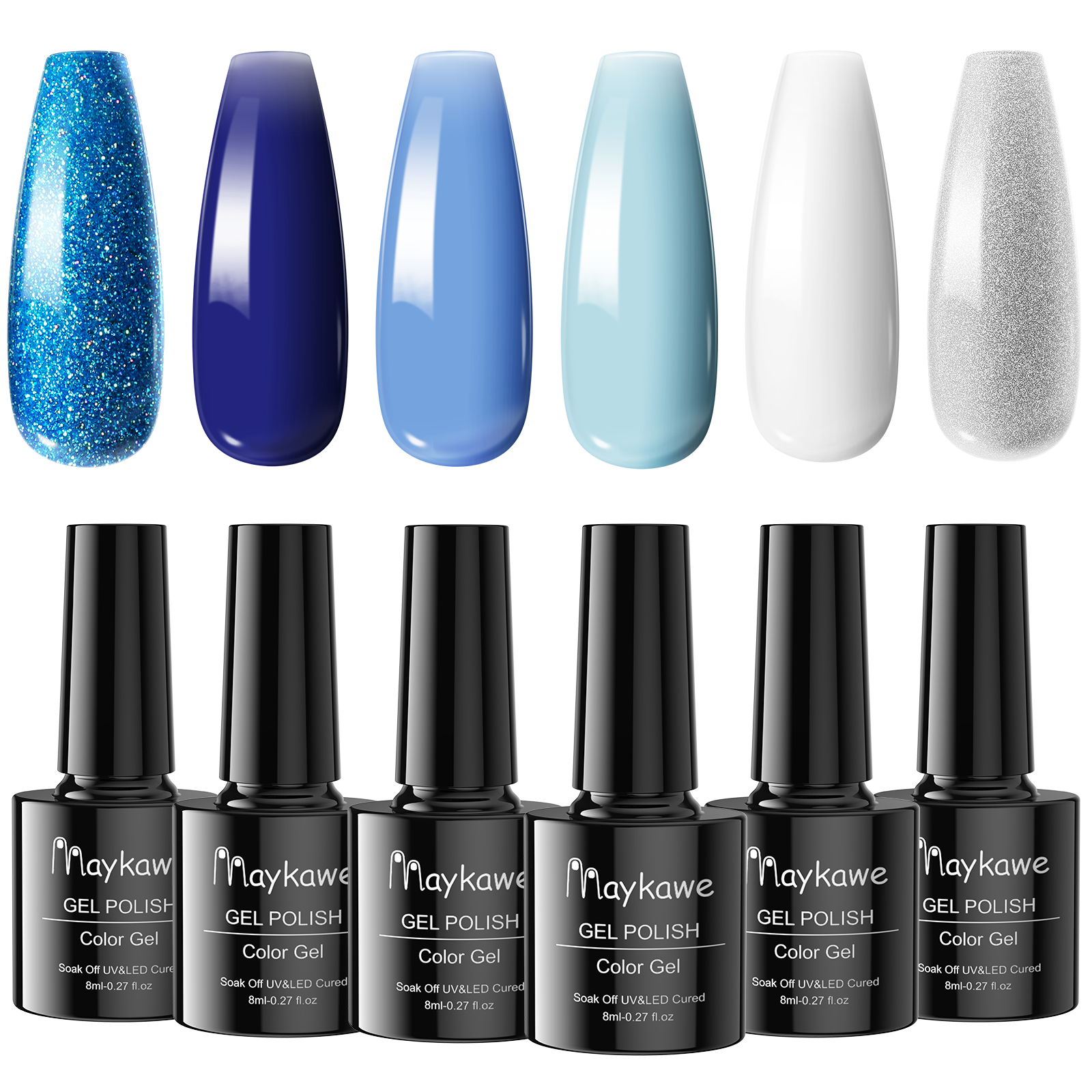 Maykawe UV Nail Polish Blue, 6 Colours 8 ml Deep Sea Navy Blue Baby Bl Maykawe UV Nail Polish Blue, 6 Colours 8 ml Deep Sea Navy Blue Baby Bl