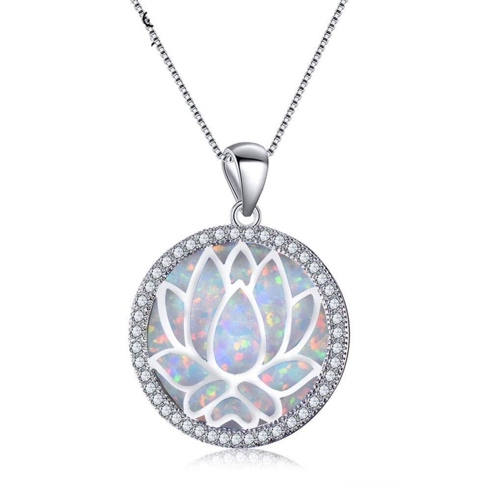 Hollow Lotus Flower White/Blue Fire Opal Round Pendant  Necklace