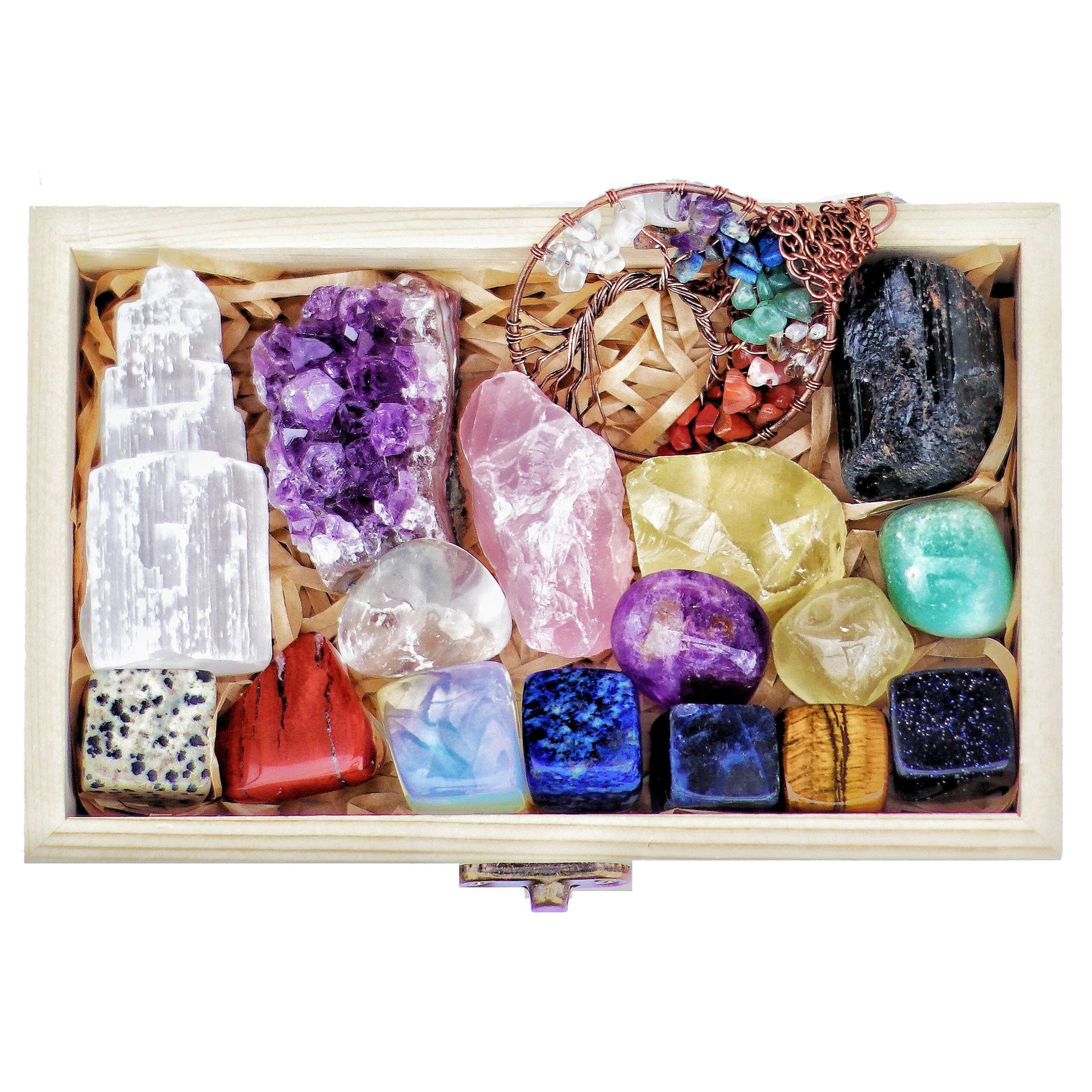 16 Natural Crystals Set for Stress and Anxiety Relief with Free Chakra Tree of Life Necklace 