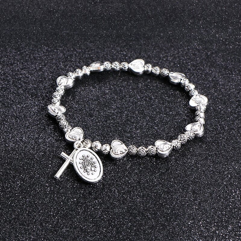 Silver Beaded Cross and Virgin Mary WWJD Bracelet