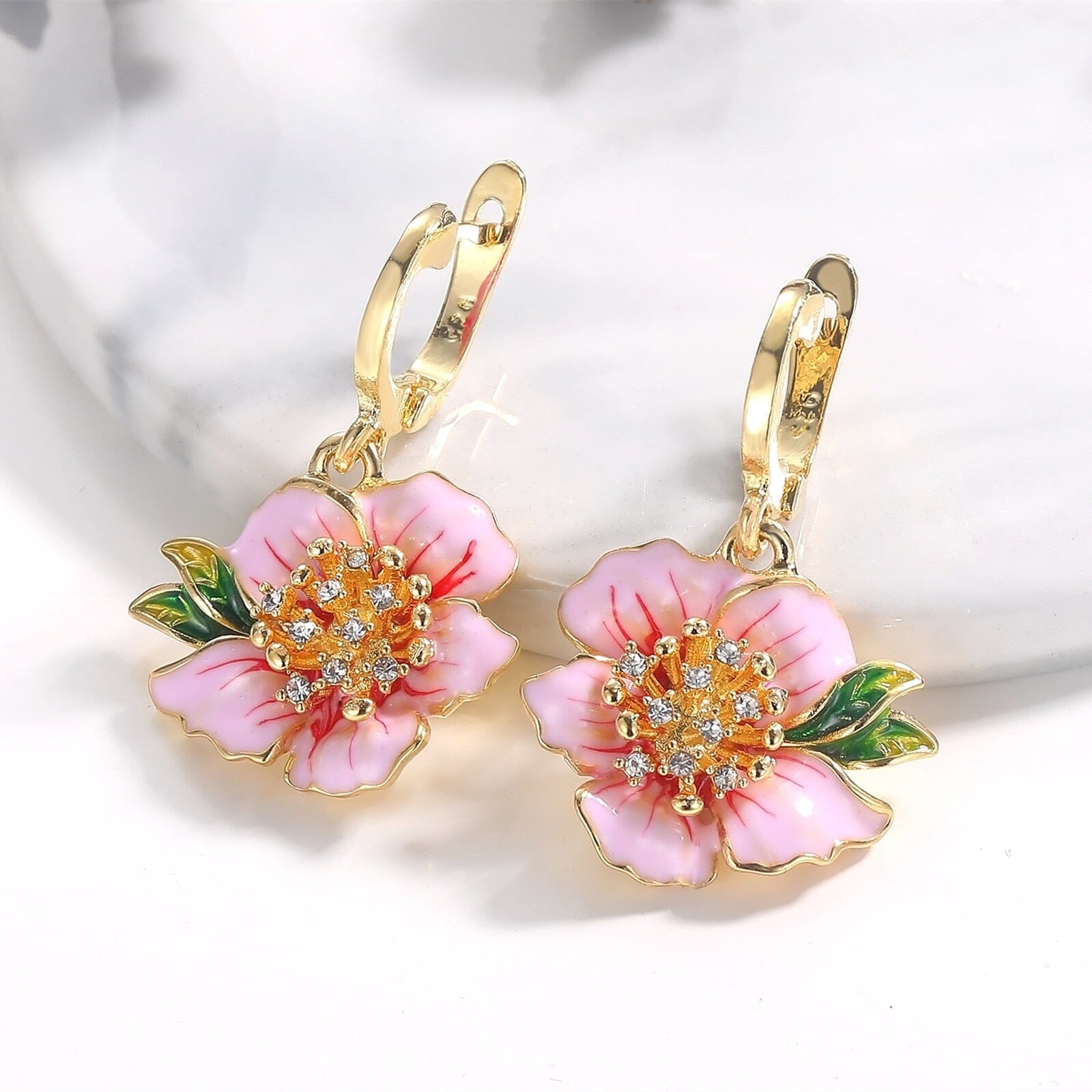 Exquisite Lady Yellow Gold Color Peach Blossom Flower Drop Earrings