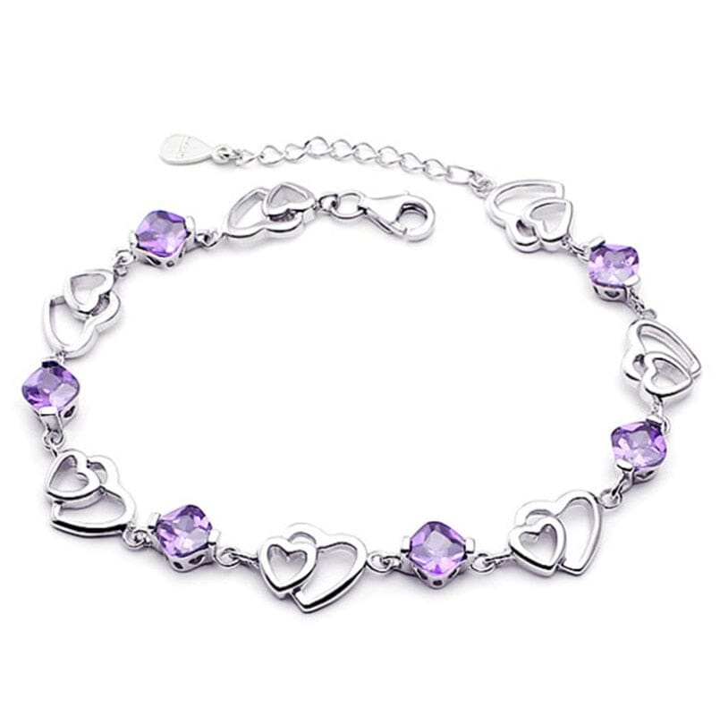Delicate Heart Chain Amethyst Bracelet - 925 Sterling Silver