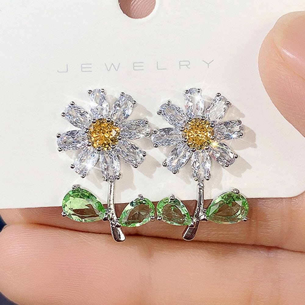 Daisy with Green Leaf Flower Diamond Earrings
