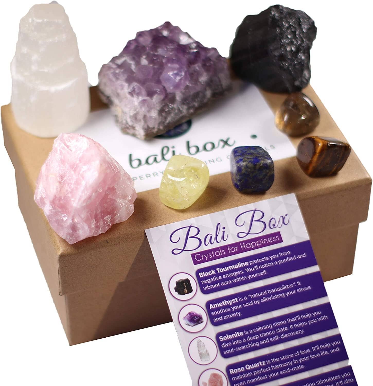 Bali Box Natural Chakra Crystals Tumbled & Raw Including Selenite, Amethyst, Lapiz Lazuli & Black Tourmaline
