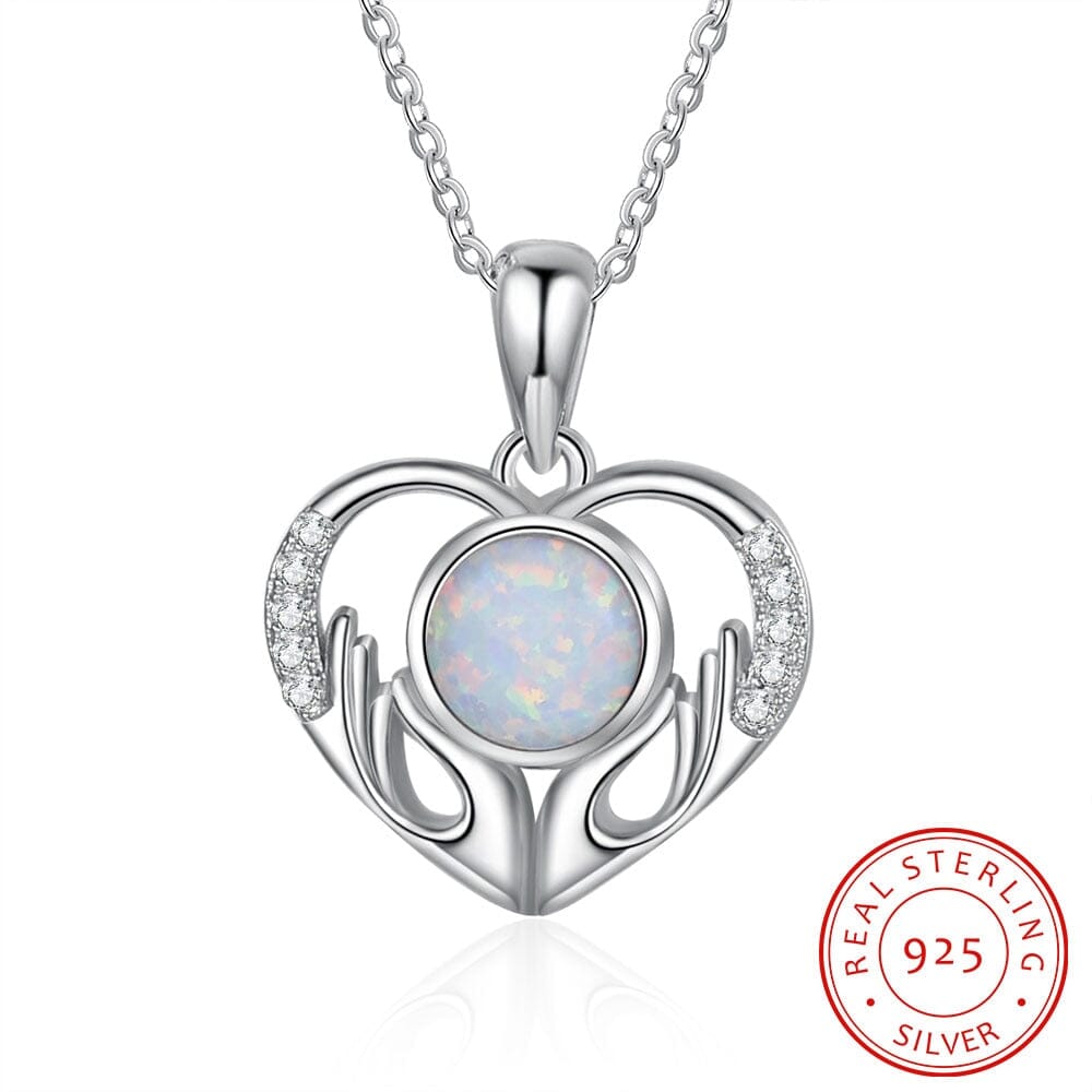 Heart Life White Opal Stone Necklace - 925 Sterling Silver