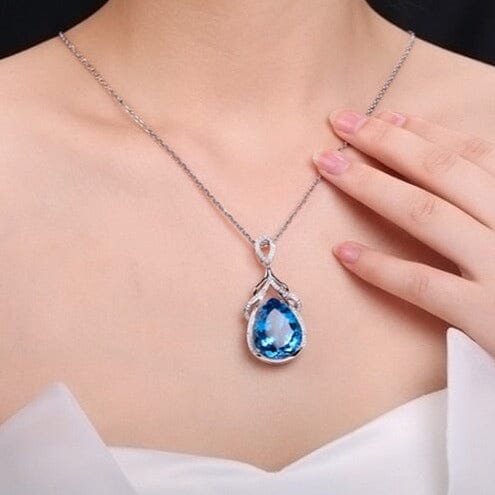 Romantic Water Drop Aquamarine Pendant Necklace - 925 Sterling Silver
