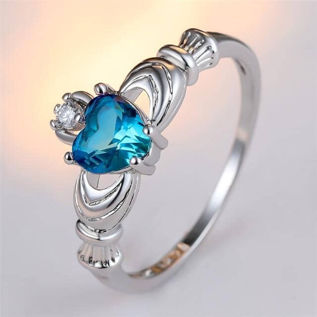 Heart Aquamarine and Crystal Ring
