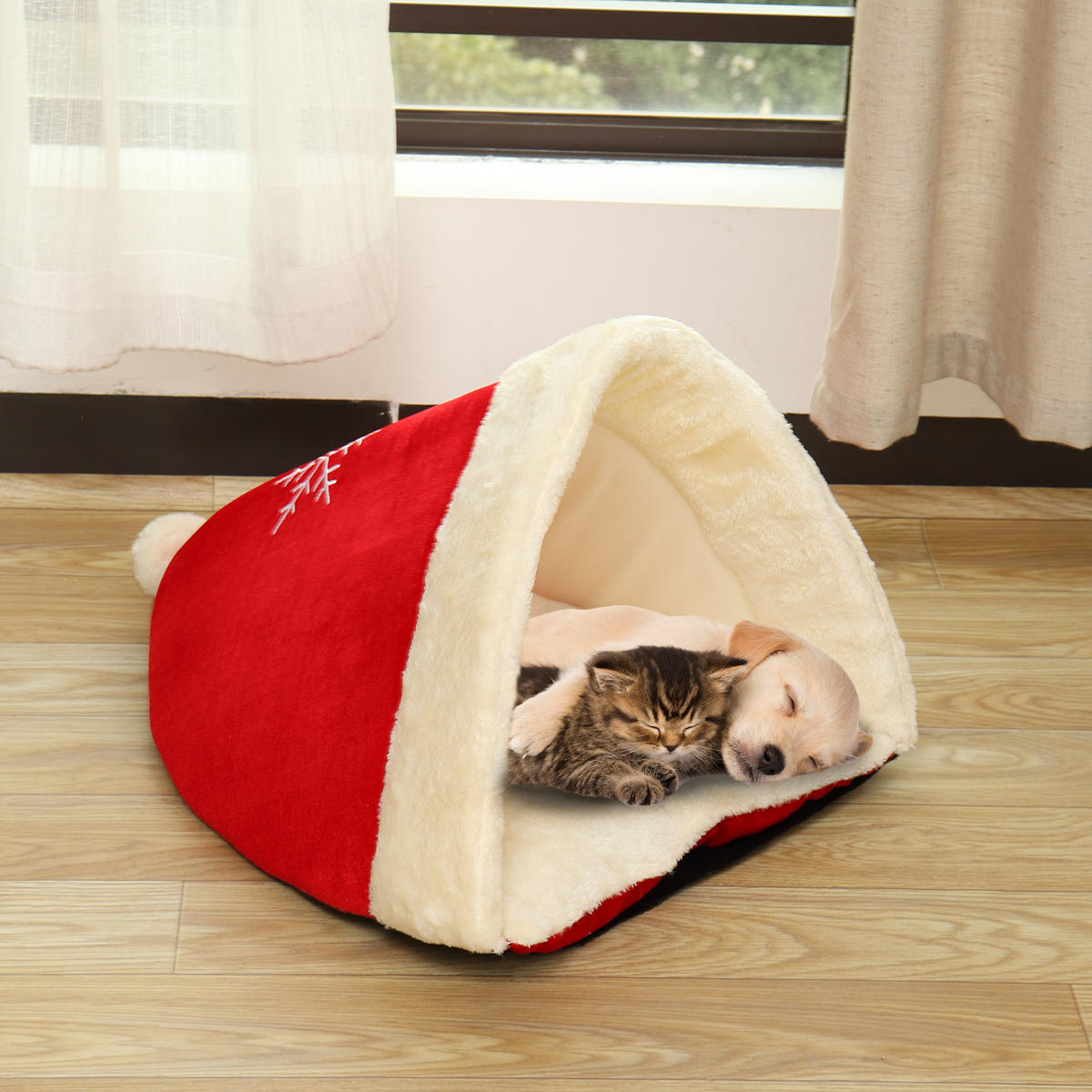 Christmas Hat Pet Nest Bed Soft Warm Cave House Sleeping Bag For Pet Cat Dog-heyidear