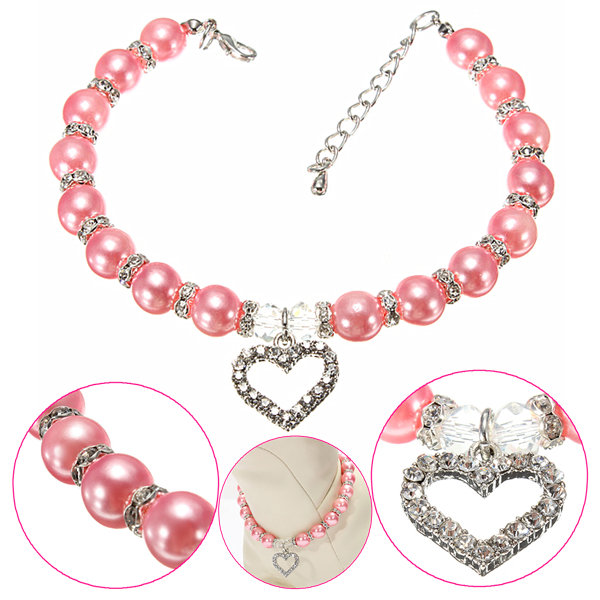 Pet Dog Crystal Heart Charm Pendant Pearls Necklace Collar Pink-heyidear