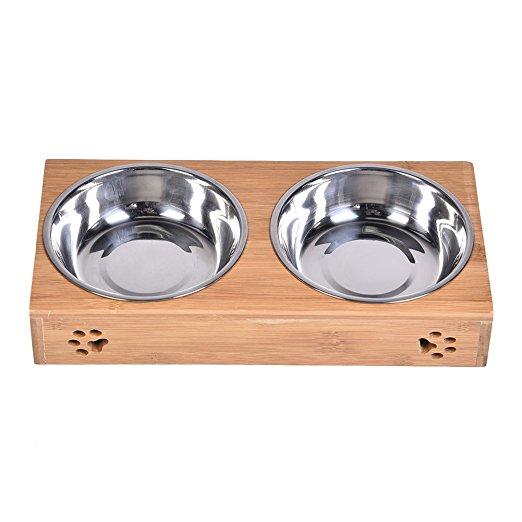 Double Pet Dog Bowl Stainless Steel Pet Bowl Bamboo Bottom Food Water Dual-use Pet Bowl-heyidear