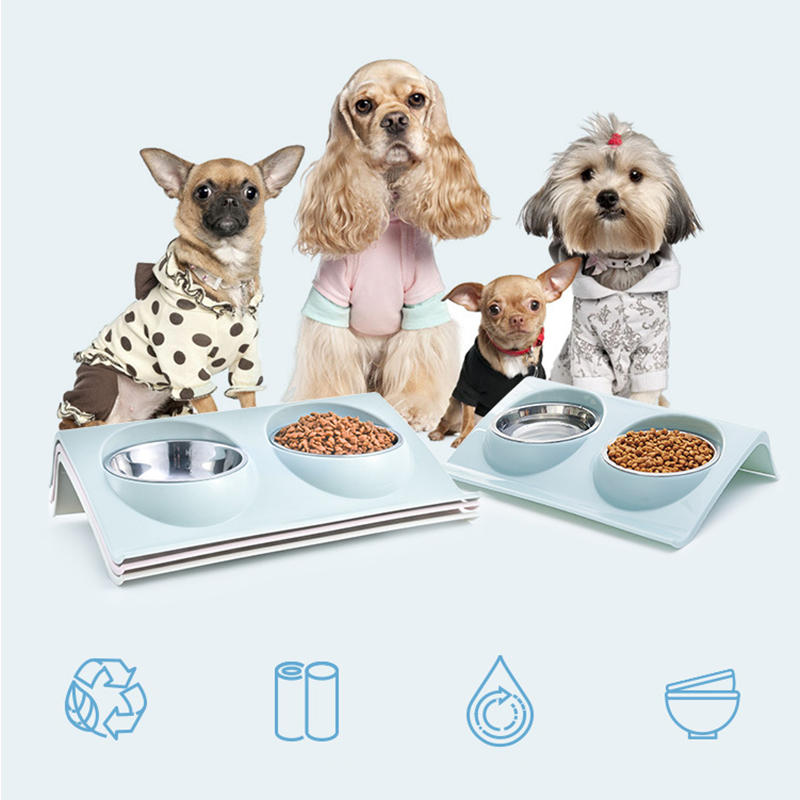 Oblique Design Anti-splash Stainless Steel Pet Cat Dog Double Feeding Bowl-heyidear