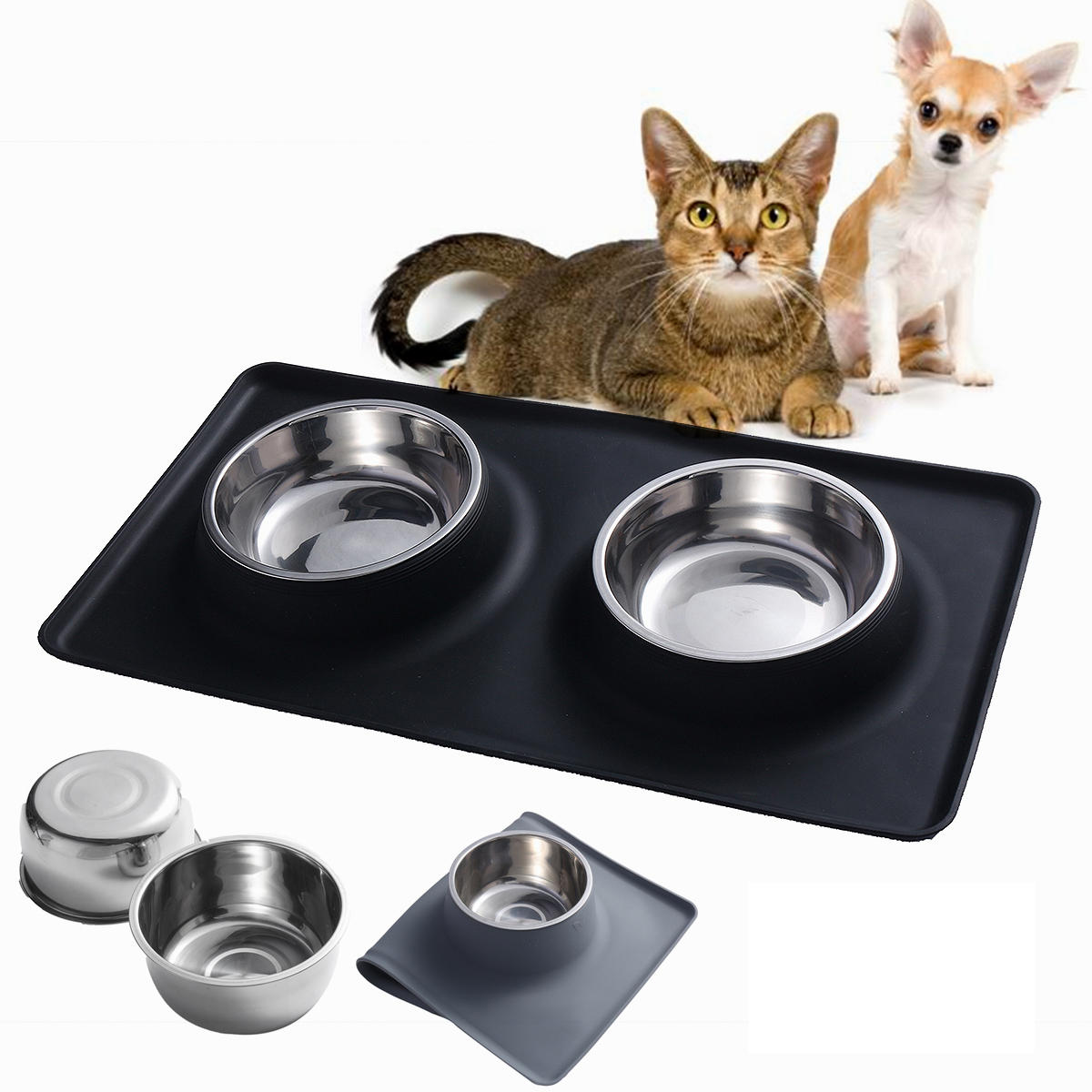 Stainless Steel Pet Dog Cat Bowls Silicone Mat Water Food Feeder Dish Pet Bowl-heyidear