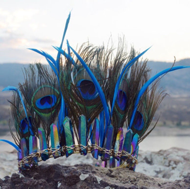 Natural Crystal Peacock Feather Crown