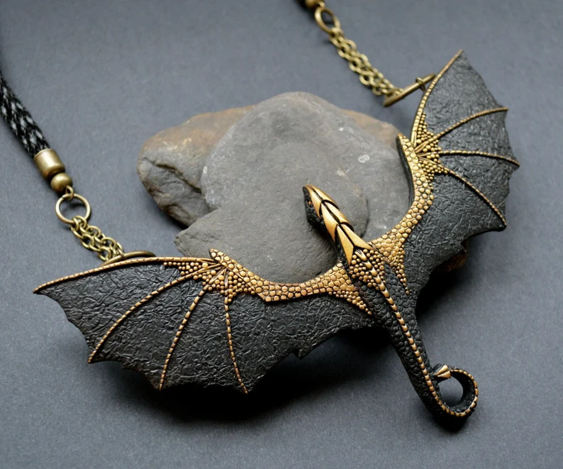 Black Winged Flying Dragon Necklace