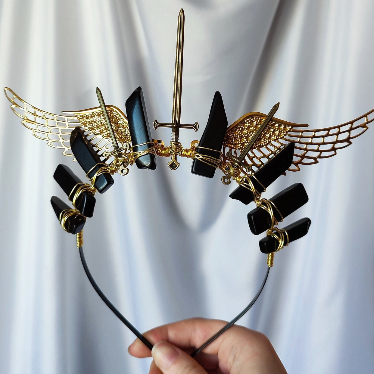 Black Agate Crystal Crown with Swords and Angel Wings