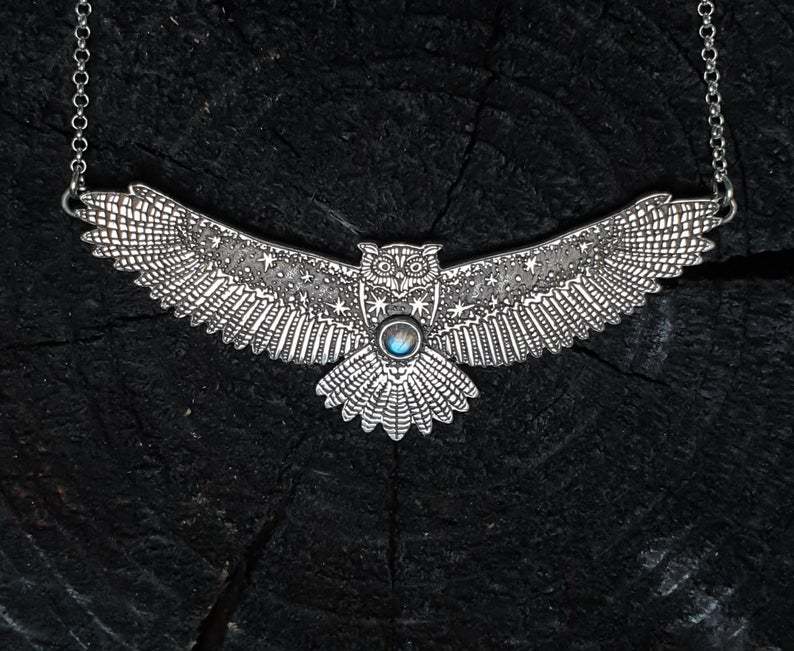 Owl Necklace with Blue Moonstone