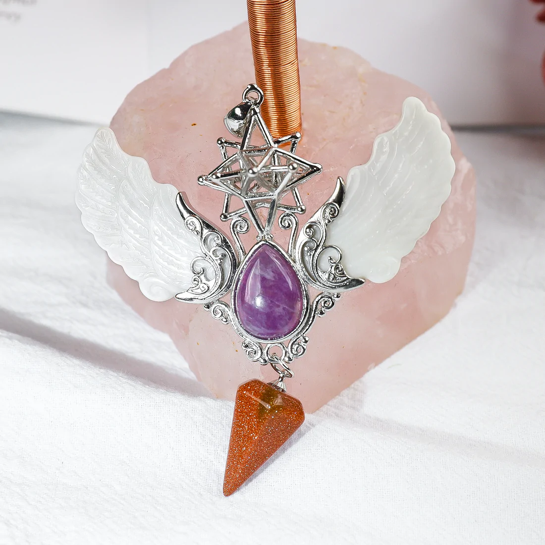 Natural Amethyst White Angel Wing Pendant Prism Magic Amulet