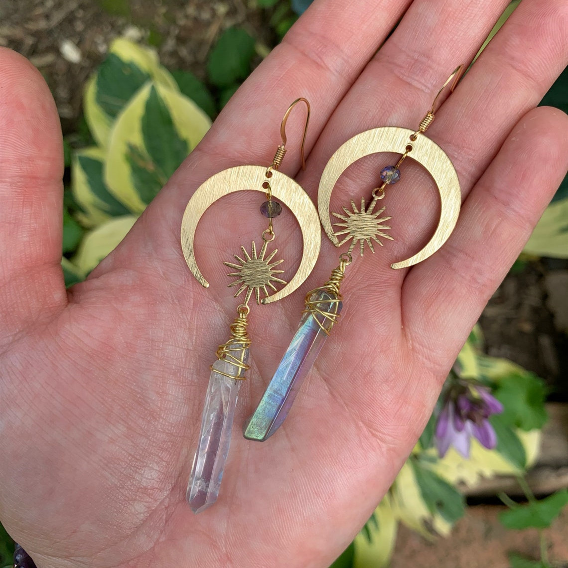 Celestial Aura Quartz Lunar Earrings