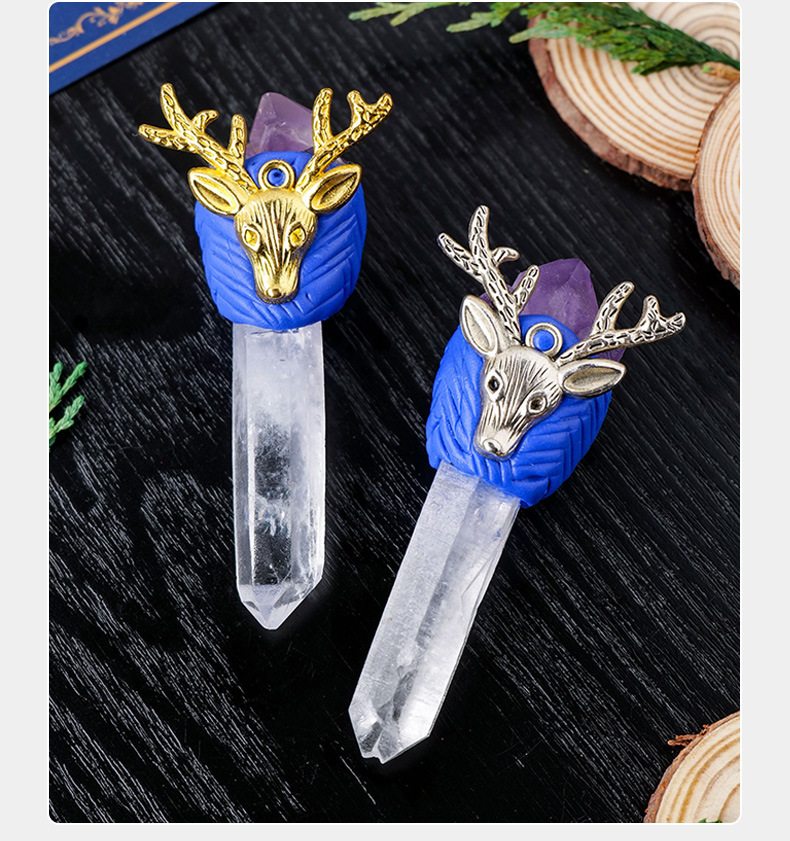 Mini White Crystal Amethyst Scepter with Deer Head