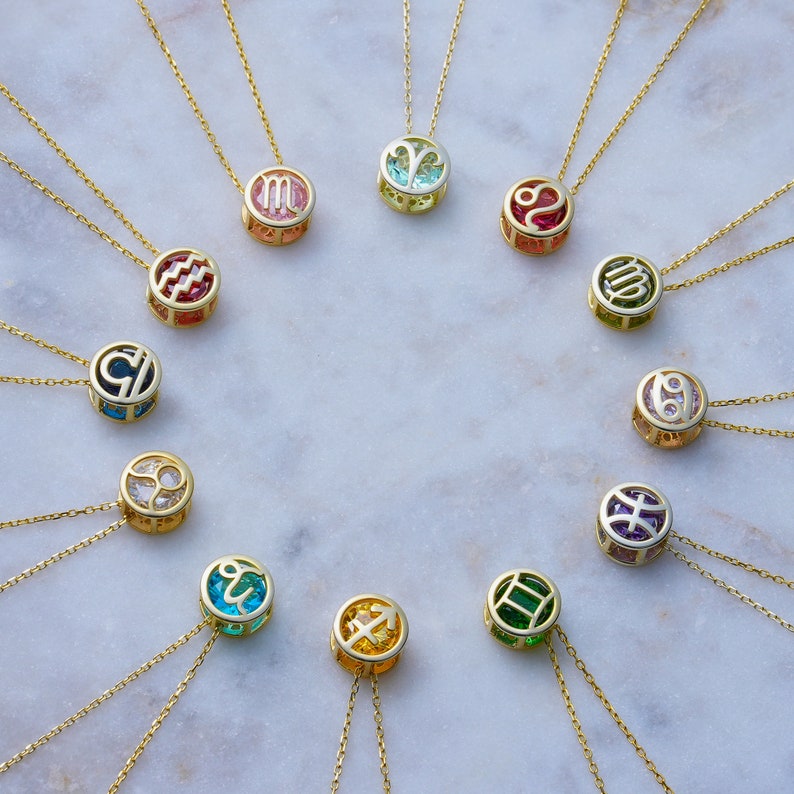Handmade birthstone necklace with horoscope sign