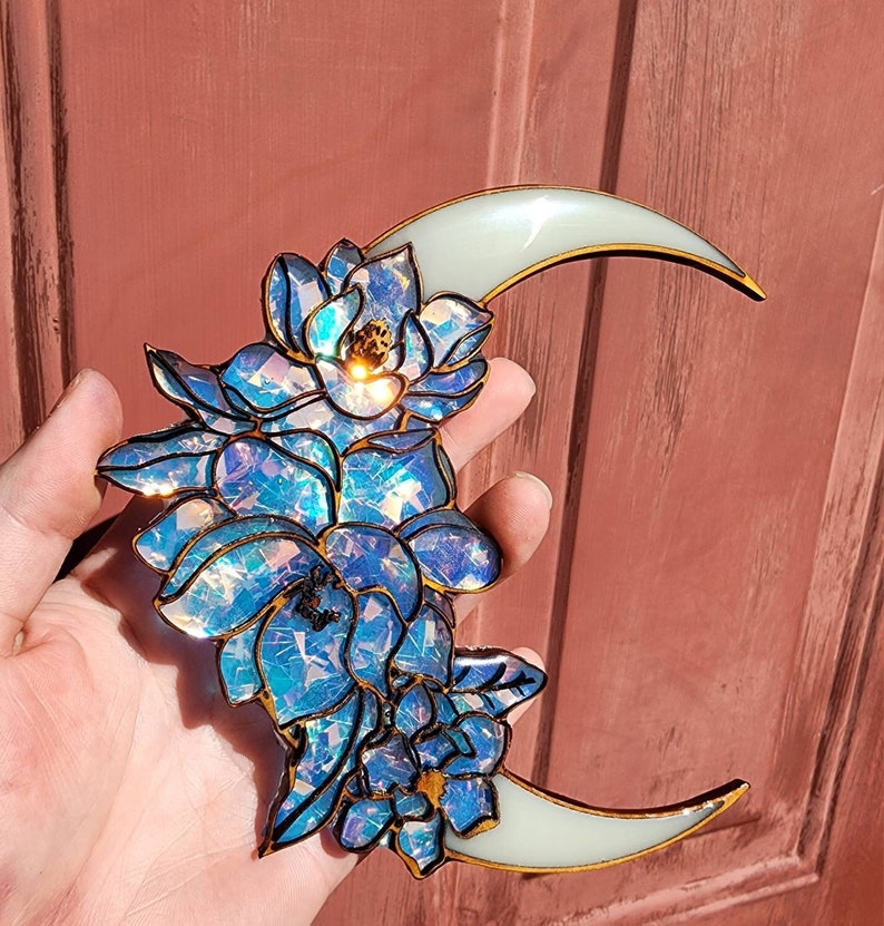 Stained glass effect, glow in the dark, floral crescent moon, sun catcher, window hanging