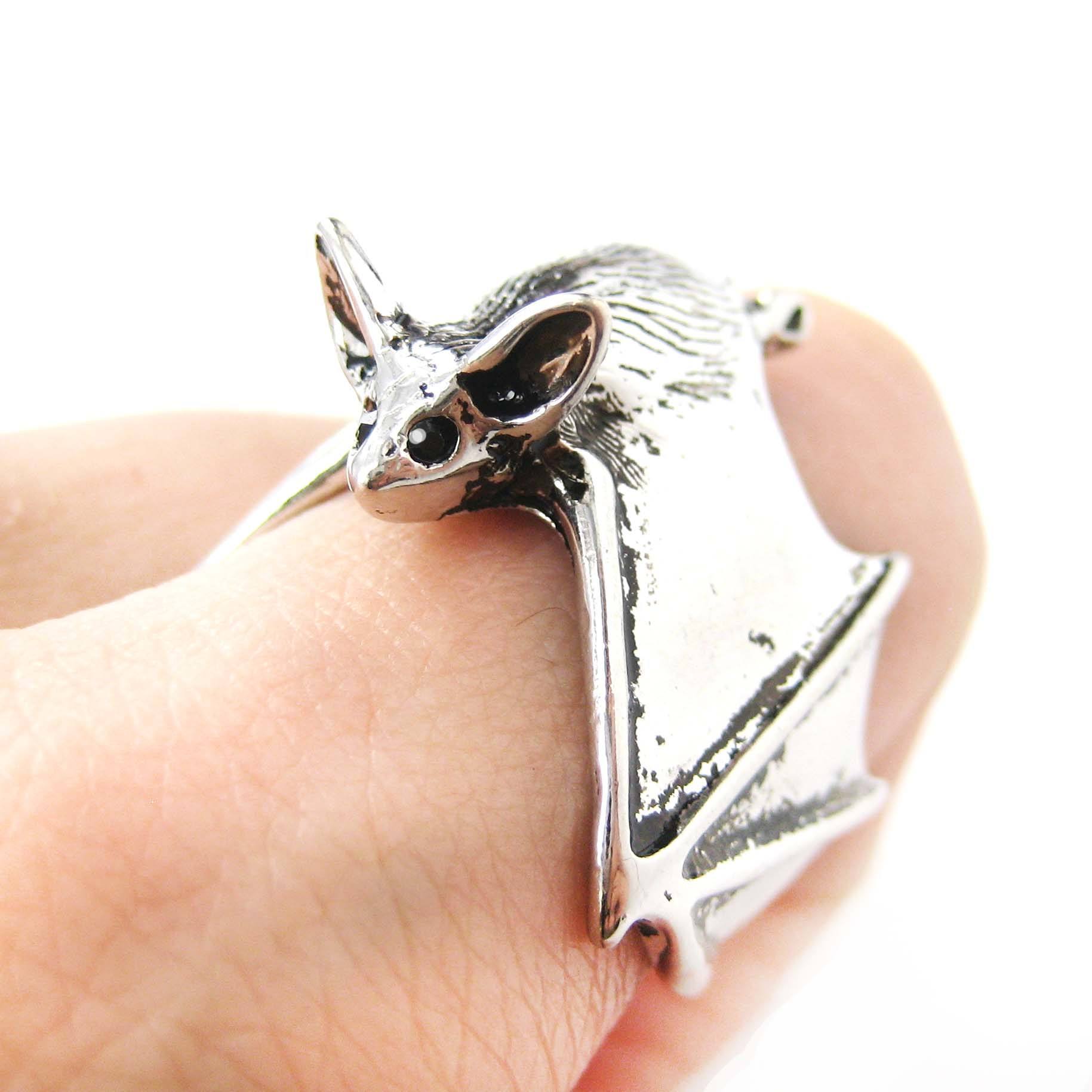 3D Bat Animal Wrap Ring in Shiny Silver: Sizes 5 to 10 Available | Animal Jewelry