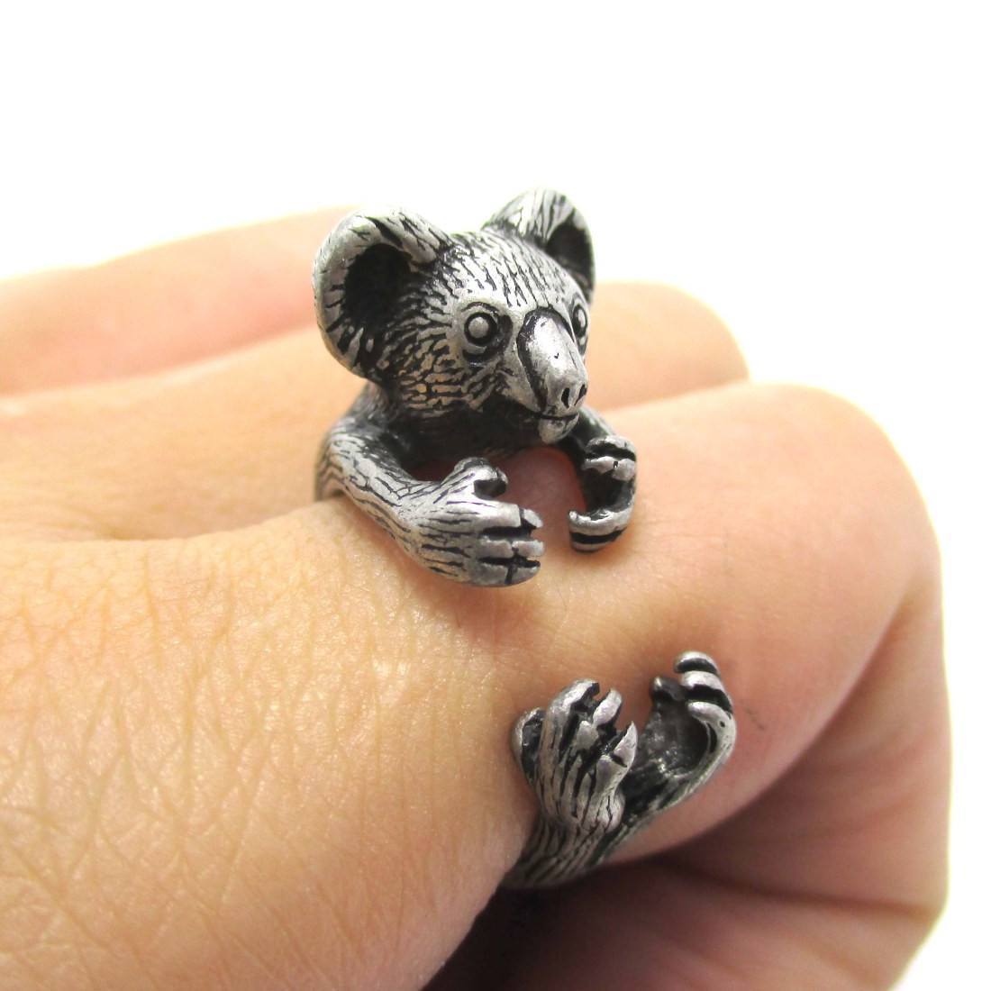 3D Koala Bear Wrapped Around Your Finger Shaped Animal Ring in Silver | US Size 4 to 8.5