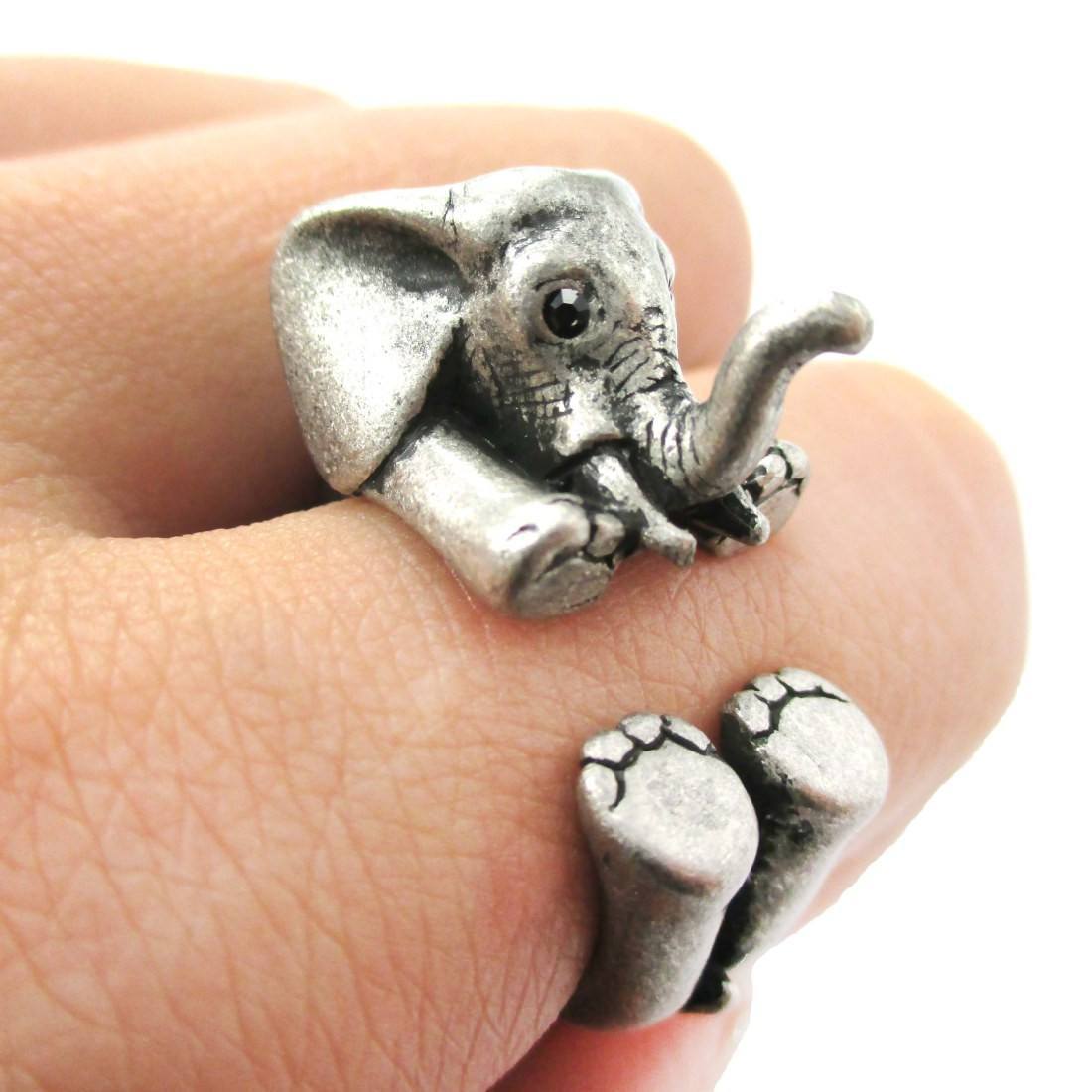 3D Realistic Baby Elephant Animal Wrap Around Ring in Silver | US Sizes 5 to 8.5