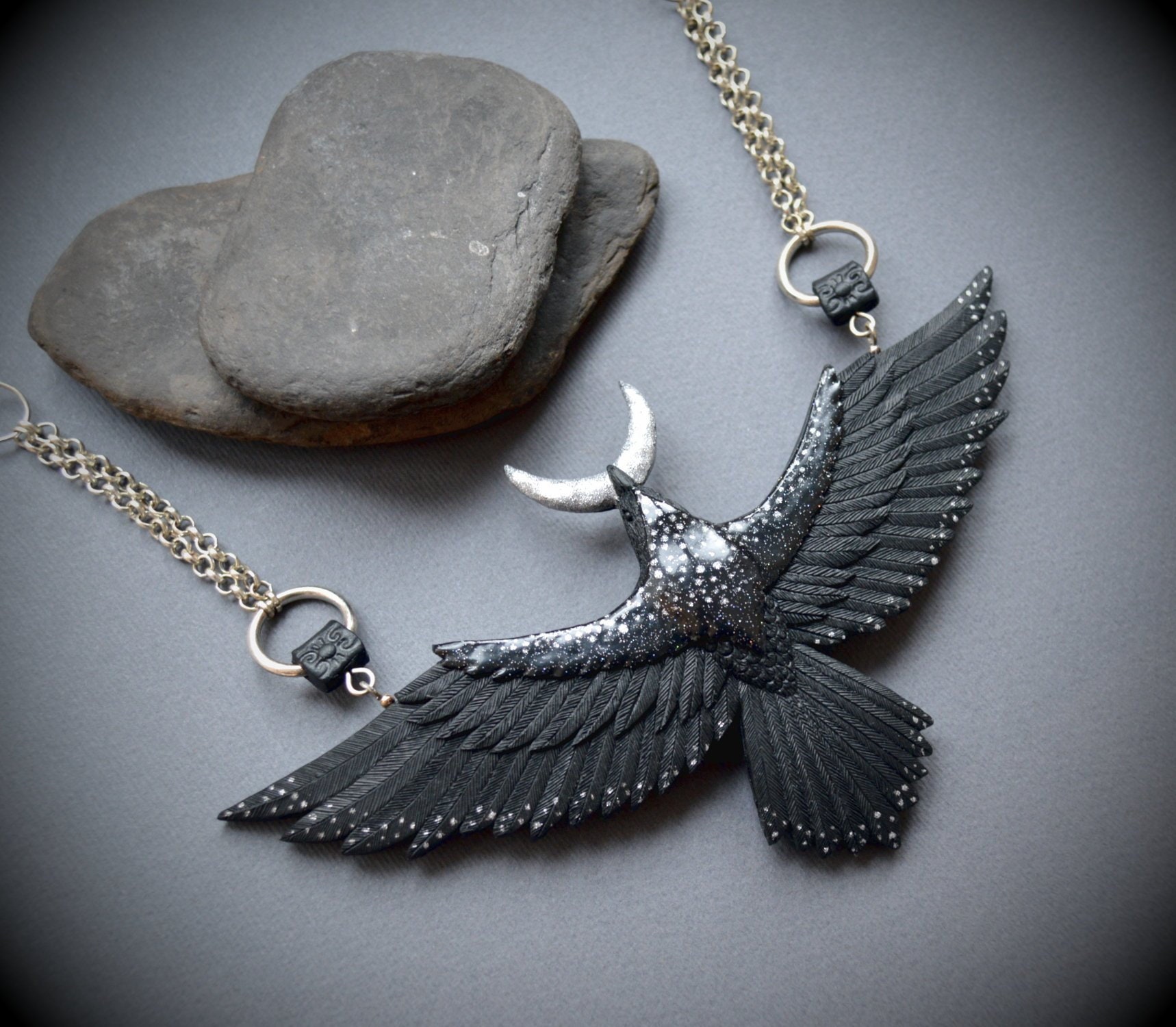 Black and Silver Raven Bib Necklace