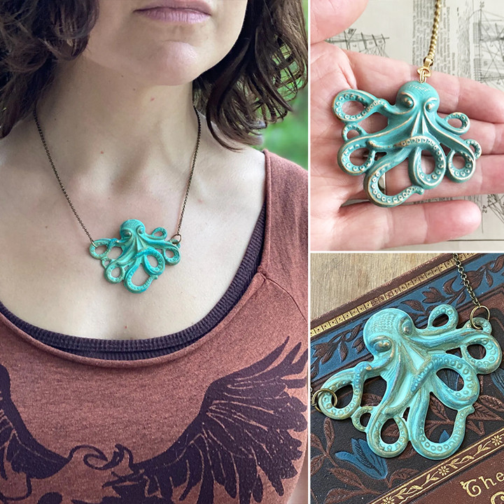 Handmade Vintage Distressed Octopus Necklace