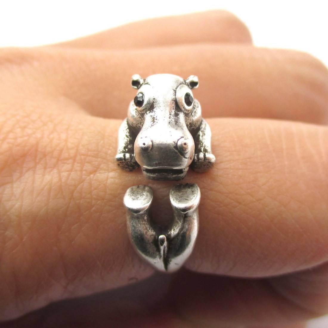 Realistic Hippo Hippopotamus Shaped Animal Wrap Ring in Silver | US Size 6 to 9
