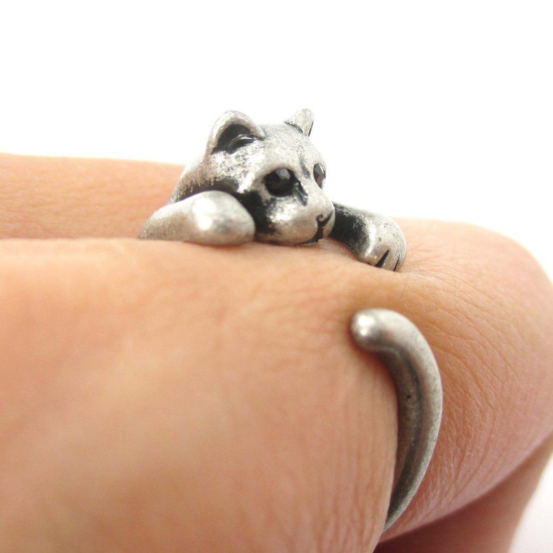 Realistic Kitty Cat Shaped Animal Wrap Around Ring in Silver | US Size 3 to Size 8.5