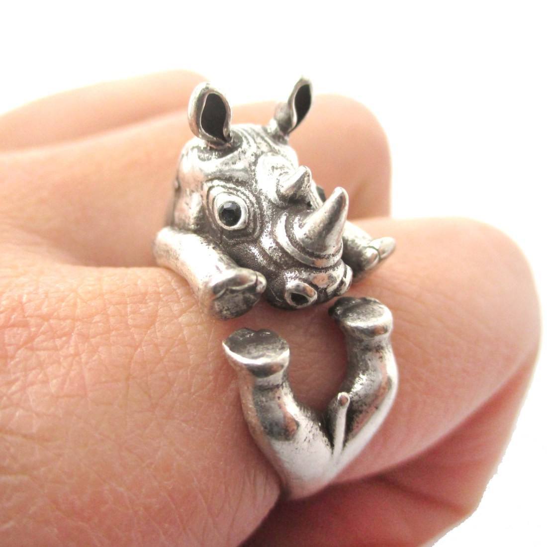 Realistic Rhinoceros Rhino Shaped Animal Wrap Ring in Silver | US Size 6 to 9
