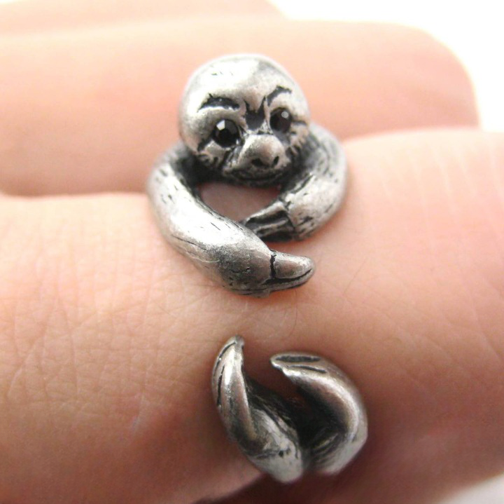 Sloth Animal Wrap Around Hug Ring in Silver - Size 4 to 9 Available