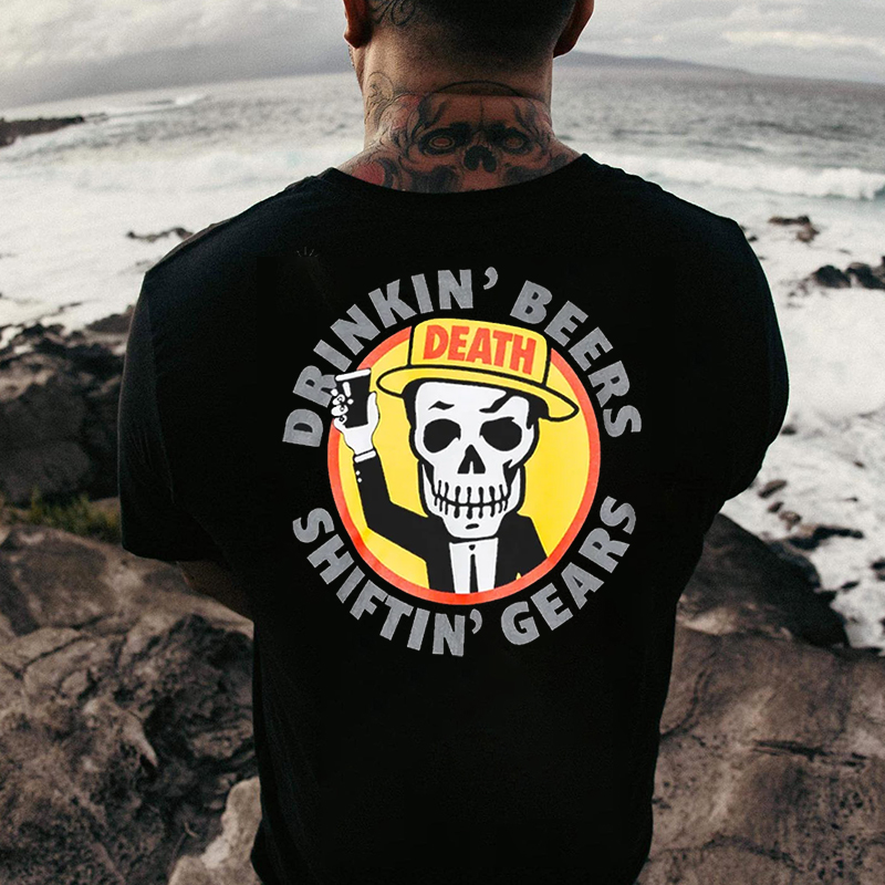 DRINKIN' BEERS SHIFTIN' GEARS Skull Casual Graphic Black Print Tshirt