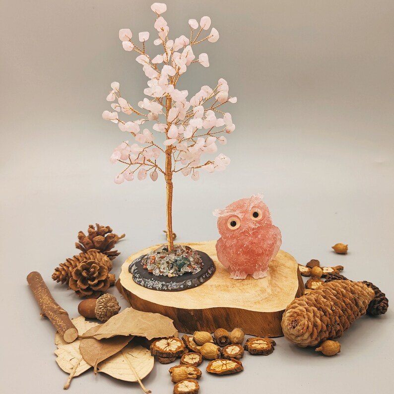 ROSE QUARTZ OWL with Tree Handmade Natural Crystal Tree and image 1