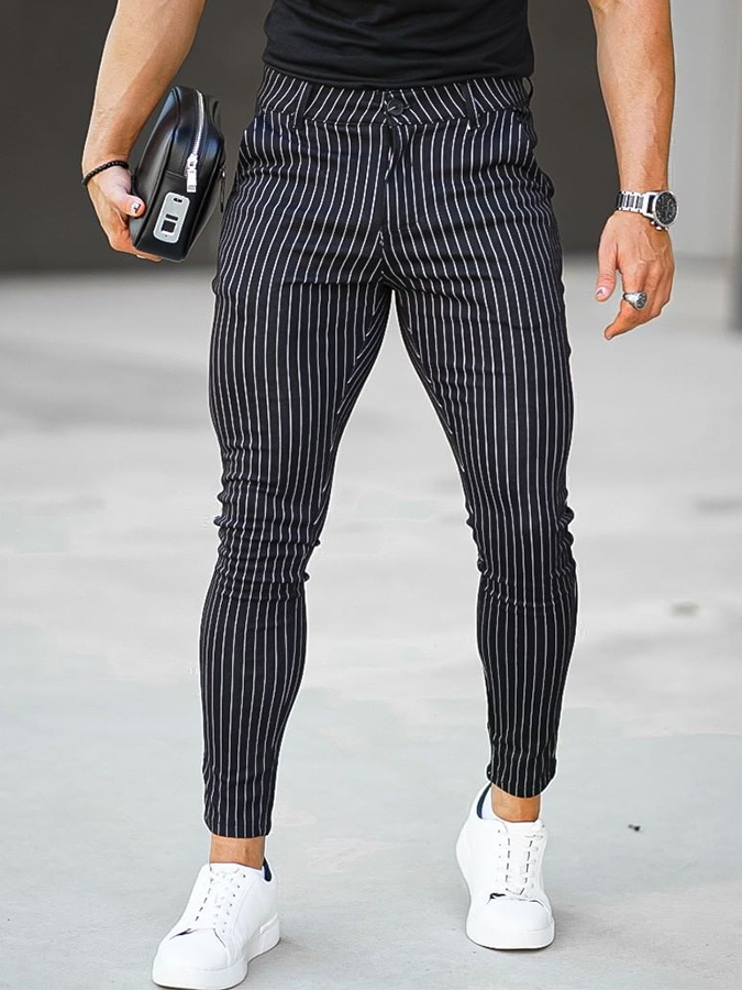 Men's Casual Black and White Striped Pants