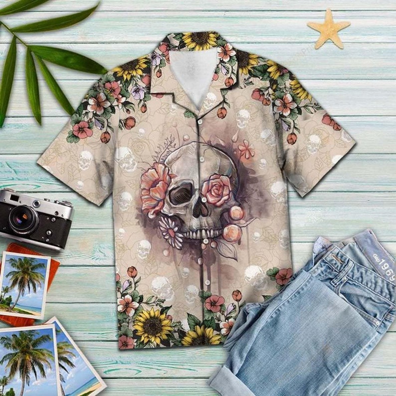 Flower Skull Hawaiian Shirts, 3D Aloha Hawaii Shirt, Custom Personalized Hawaii Shirt, Father's Day Gift, Best Gift For Men