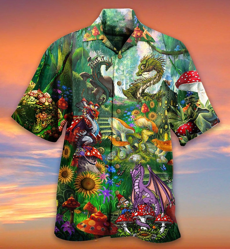 Mushroom Dragons Hawaiian Shirt, Button Up Dragon Shirt, Hawaiian Aloha Shirt, Gift For Dragon Lovers, Beach Shirt, Gift Lover